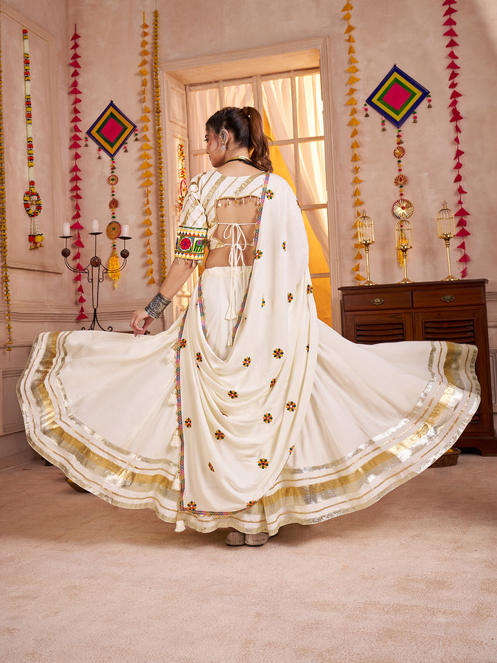White Navratri Lehenga Choli with Kutchi Mirror Work, Kodi Embellishment & Embroidered Dupatta | Viscose Cotton Festive Wear