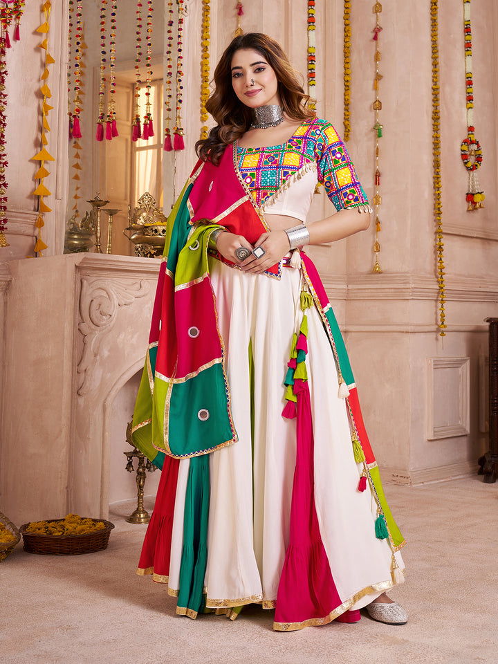 Multi-Color Viscose Cotton Navratri Lehenga Choli with Handmade Patchwork Jacket & Mirror Work