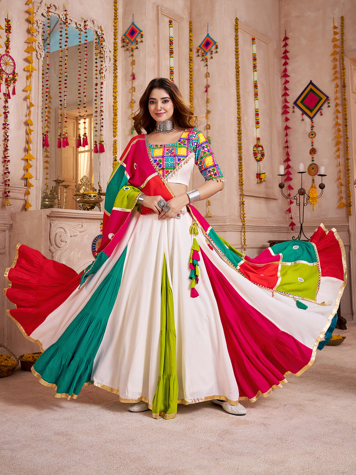 Multi-Color Viscose Cotton Navratri Lehenga Choli with Handmade Patchwork Jacket & Mirror Work