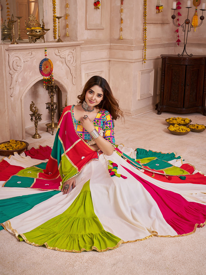 Multi-Color Viscose Cotton Navratri Lehenga Choli with Handmade Patchwork Jacket & Mirror Work