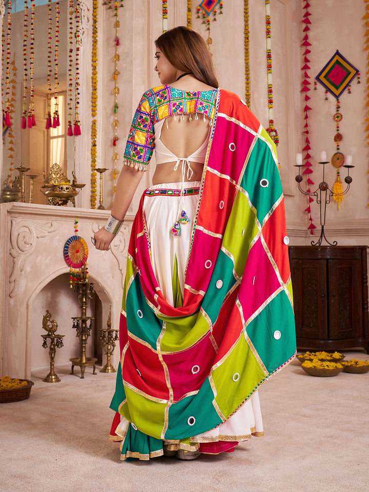 Multi-Color Viscose Cotton Navratri Lehenga Choli with Handmade Patchwork Jacket & Mirror Work