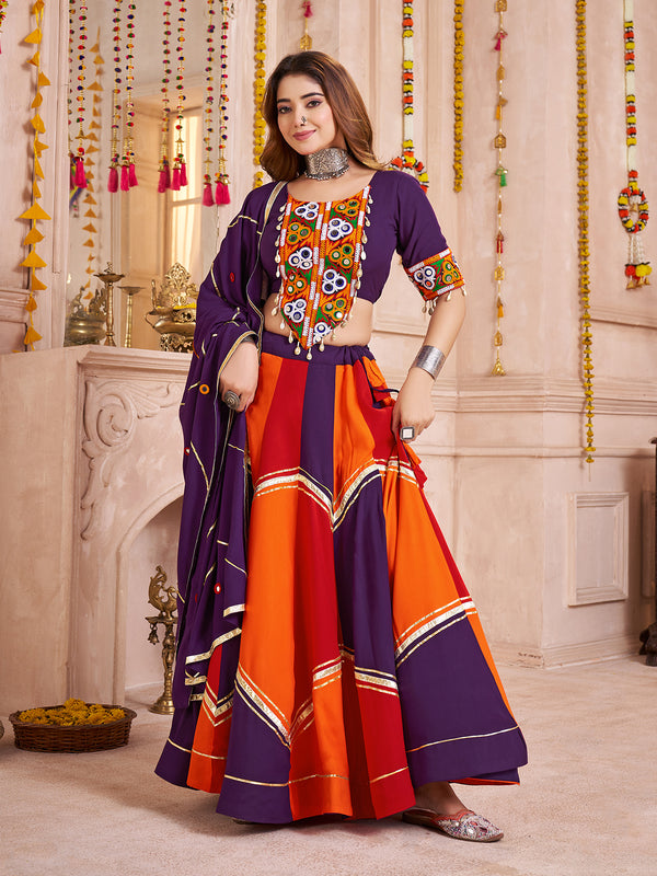 Colorful Viscose Cotton Navratri Lehenga with Thread, Mirror & Kodi Work