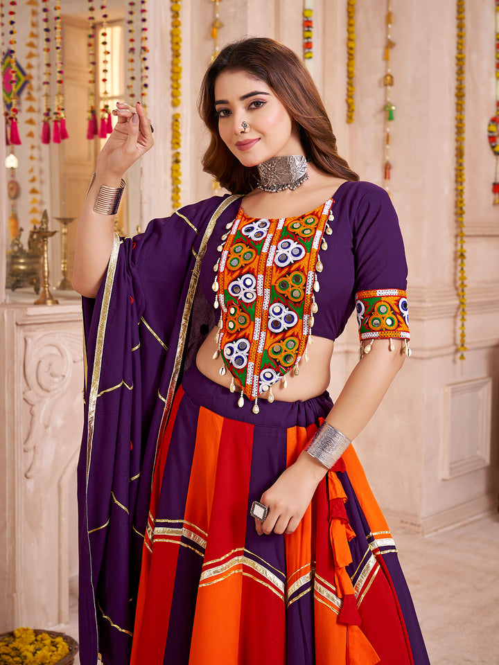 Colorful Viscose Cotton Navratri Lehenga with Thread, Mirror & Kodi Work