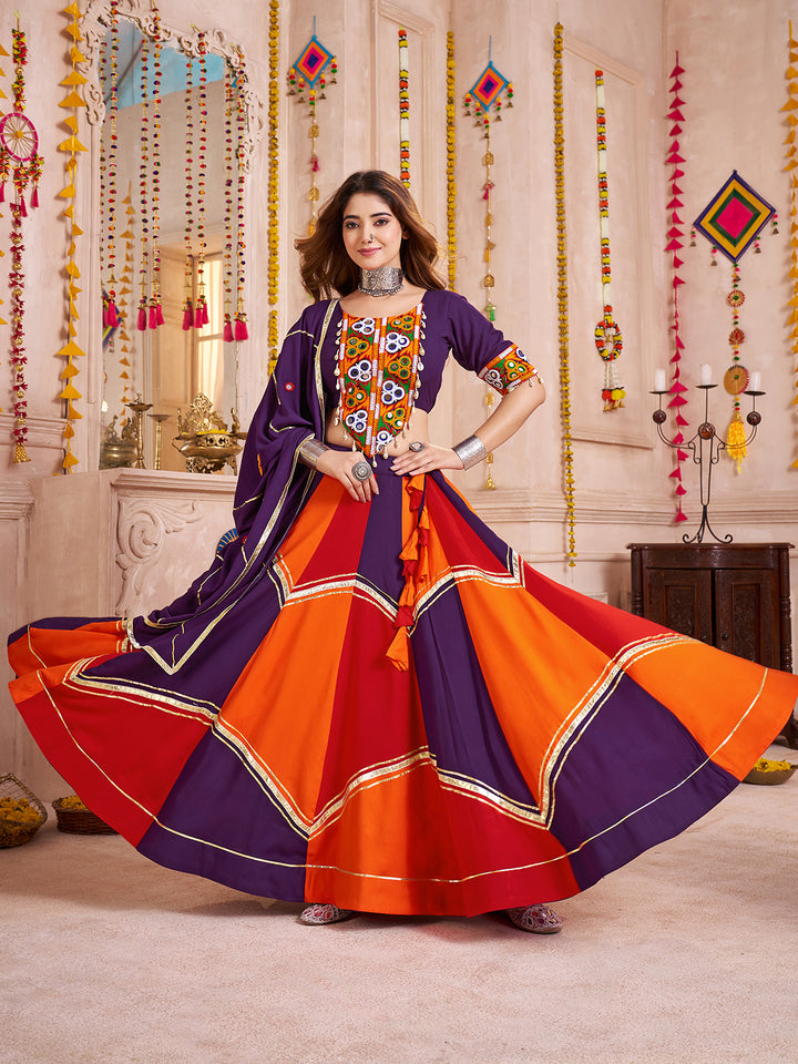 Colorful Viscose Cotton Navratri Lehenga with Thread, Mirror & Kodi Work