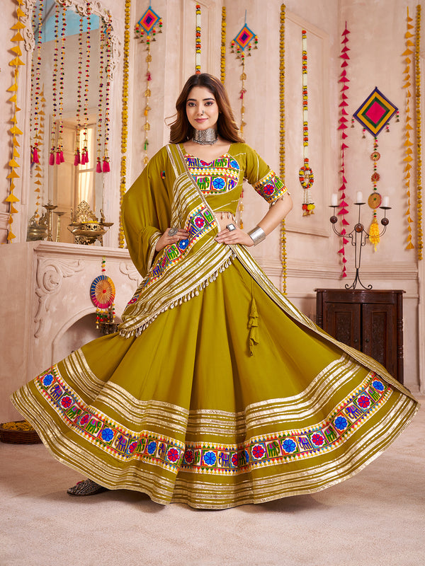 Green Viscose Cotton Navratri Lehenga Choli with Thread, Mirror & Kodi Work | Heavy Lambi Border Dupatta Set