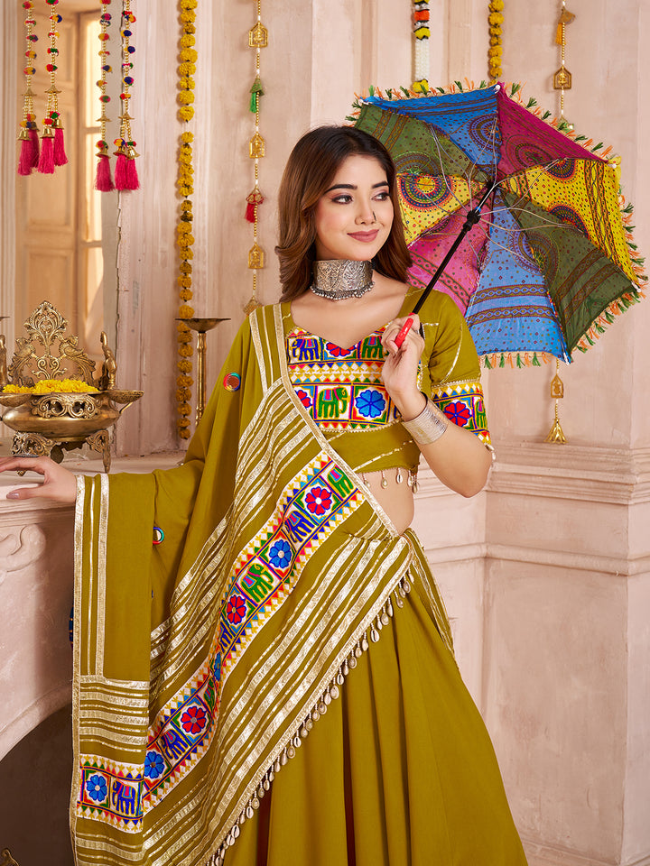 Green Viscose Cotton Navratri Lehenga Choli with Thread, Mirror & Kodi Work | Heavy Lambi Border Dupatta Set