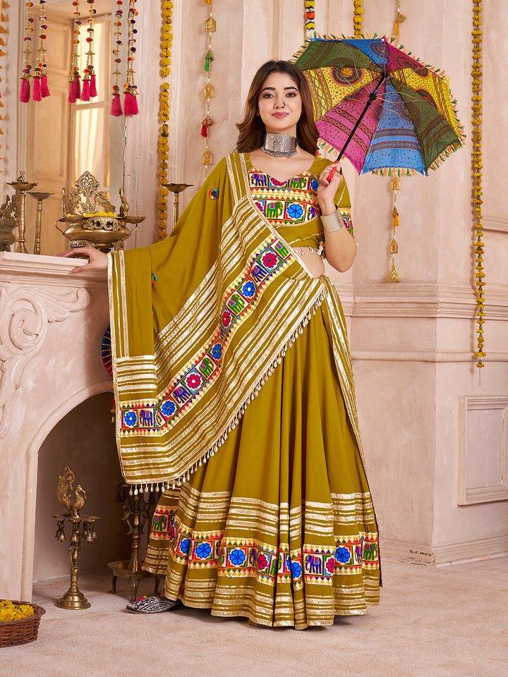 Green Viscose Cotton Navratri Lehenga Choli with Thread, Mirror & Kodi Work | Heavy Lambi Border Dupatta Set