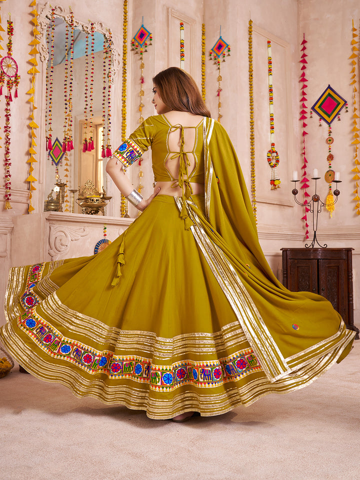 Green Viscose Cotton Navratri Lehenga Choli with Thread, Mirror & Kodi Work | Heavy Lambi Border Dupatta Set