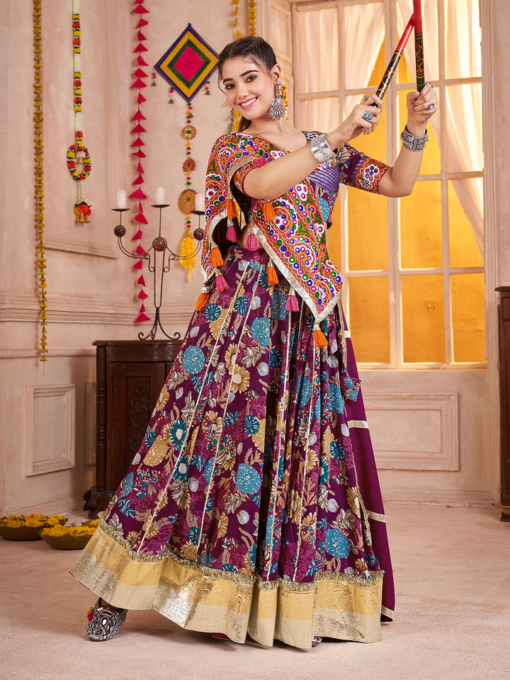 Purple Kutchi Mirror Work Navratri Lehenga Choli Set with Printed Viscose Cotton & Multi-Thread Dupatta
