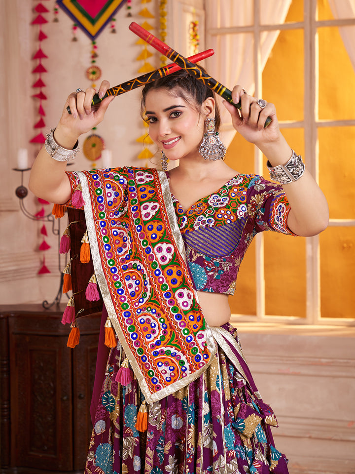 Purple Kutchi Mirror Work Navratri Lehenga Choli Set with Printed Viscose Cotton & Multi-Thread Dupatta