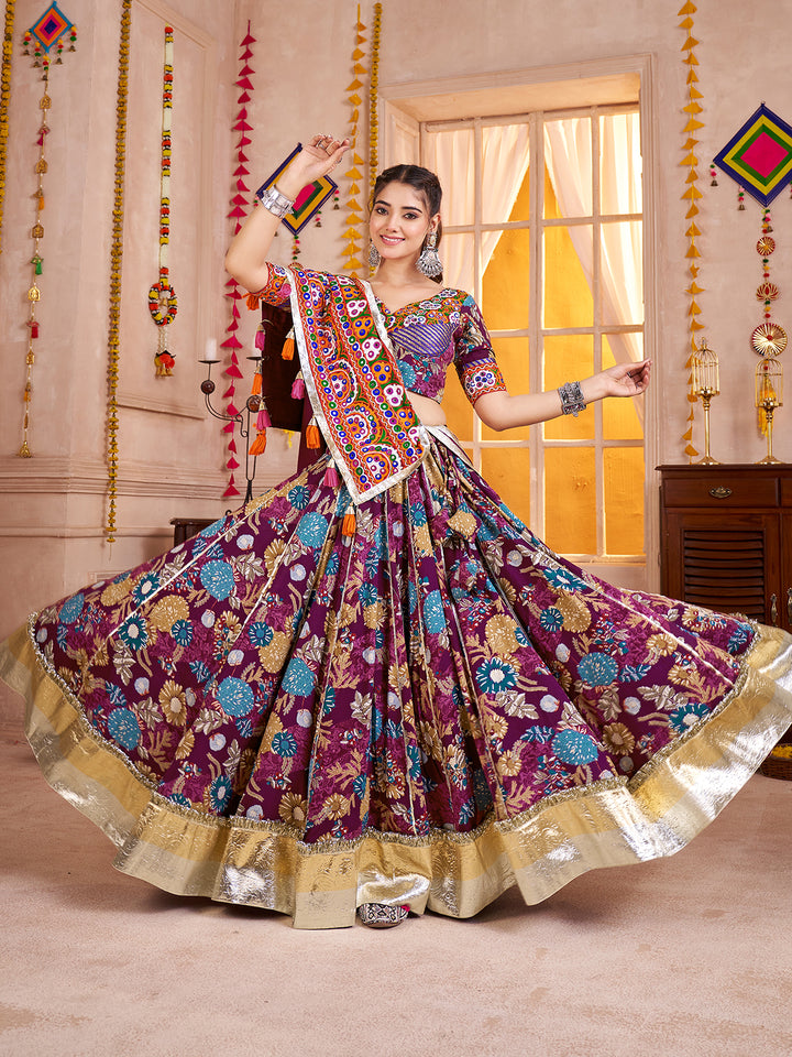 Purple Kutchi Mirror Work Navratri Lehenga Choli Set with Printed Viscose Cotton & Multi-Thread Dupatta