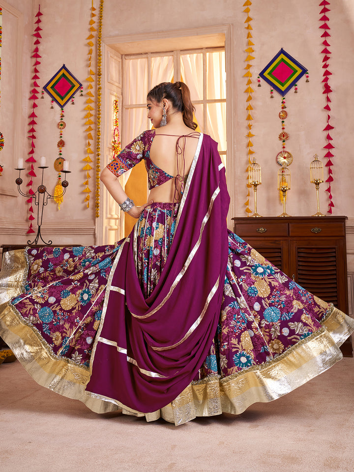 Purple Kutchi Mirror Work Navratri Lehenga Choli Set with Printed Viscose Cotton & Multi-Thread Dupatta