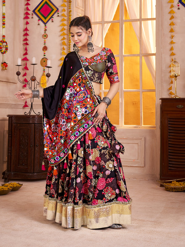 Black Viscose Cotton Navratri Lehenga Choli with Kutchi Patch & Mirror Work