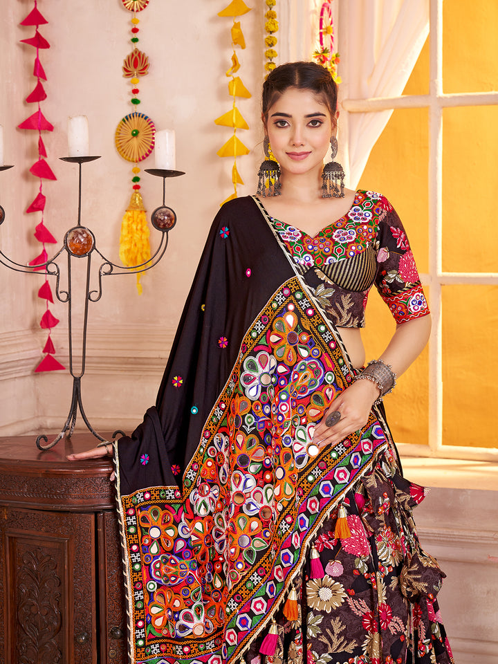 Black Viscose Cotton Navratri Lehenga Choli with Kutchi Patch & Mirror Work