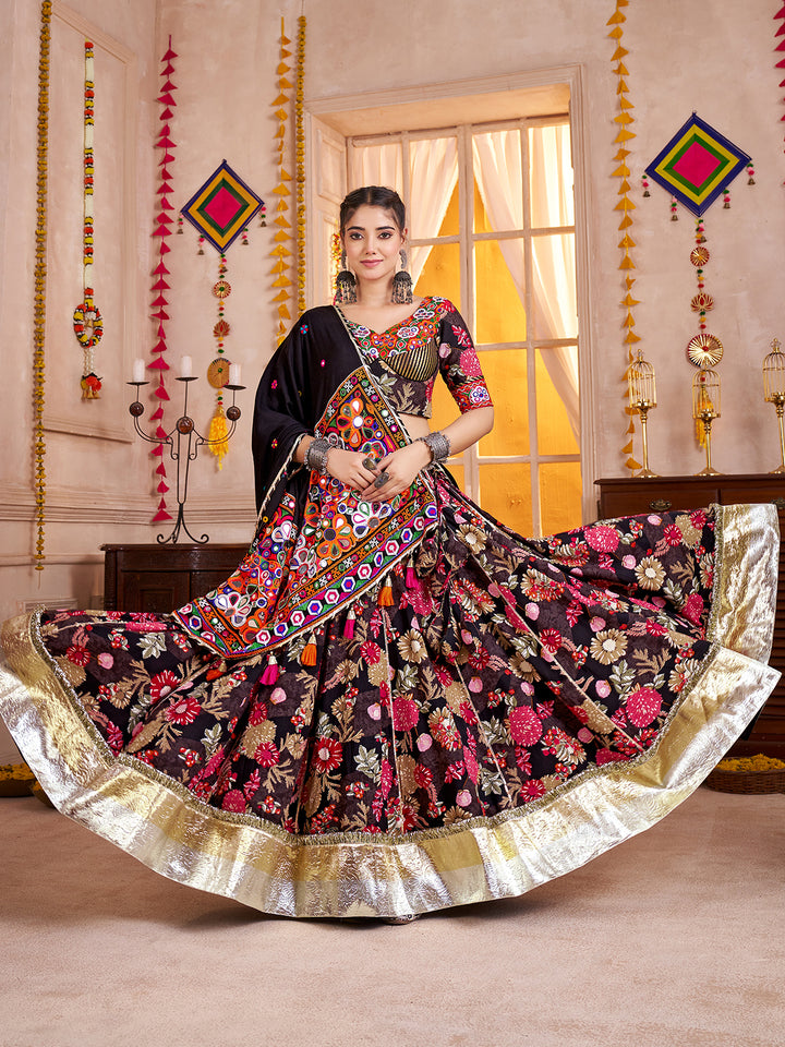 Black Viscose Cotton Navratri Lehenga Choli with Kutchi Patch & Mirror Work