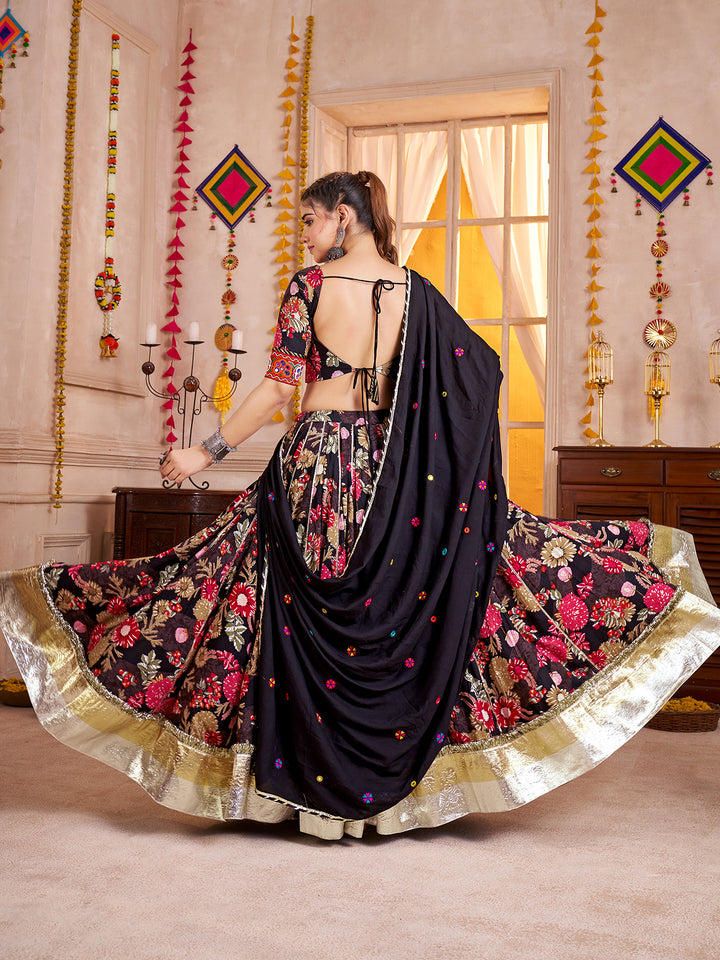 Black Viscose Cotton Navratri Lehenga Choli with Kutchi Patch & Mirror Work