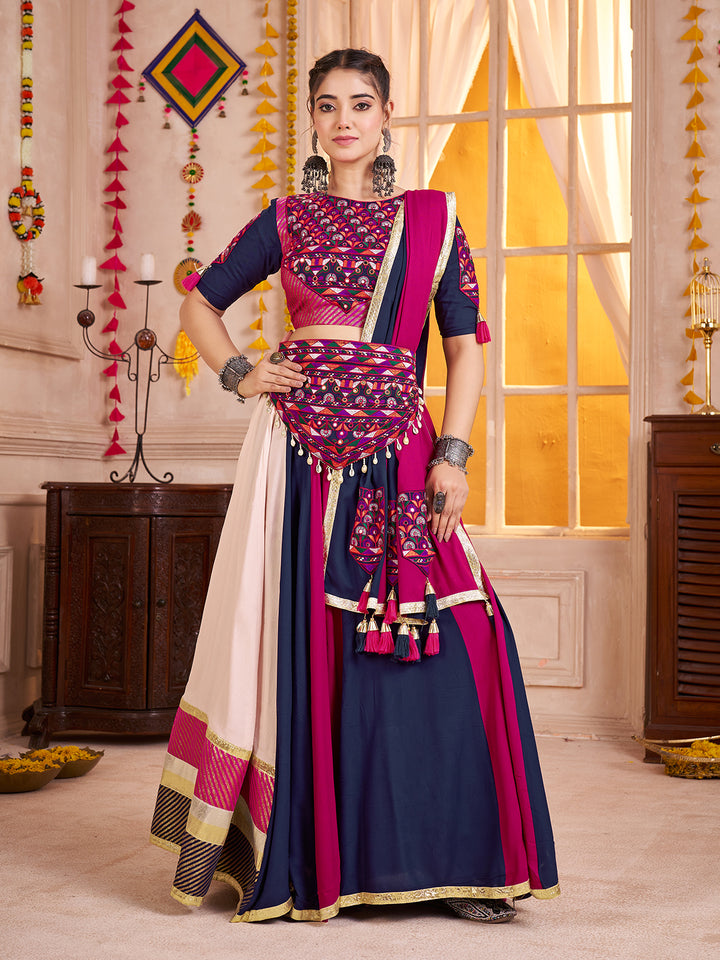 Multi-Color Viscose Cotton Navratri Lehenga Choli with Kutchi Patch & Mirror Work, Dupatta & Waist Belt