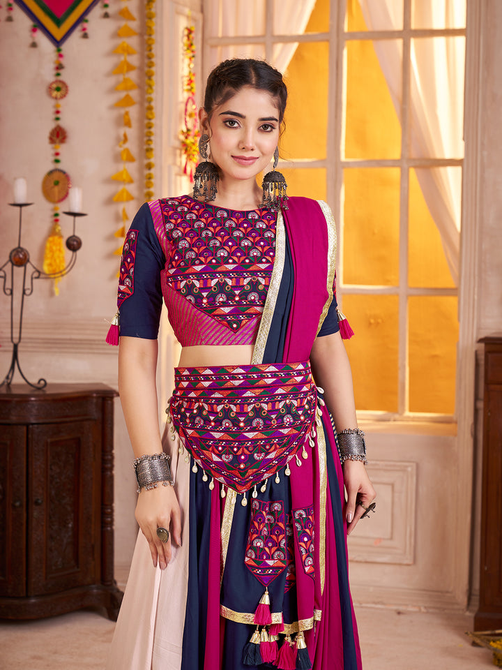 Multi-Color Viscose Cotton Navratri Lehenga Choli with Kutchi Patch & Mirror Work, Dupatta & Waist Belt