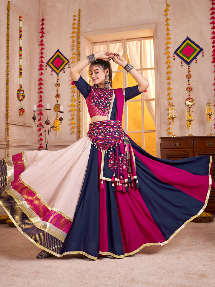 Multi-Color Viscose Cotton Navratri Lehenga Choli with Kutchi Patch & Mirror Work, Dupatta & Waist Belt