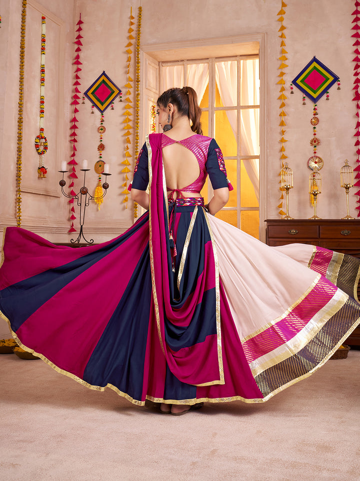Multi-Color Viscose Cotton Navratri Lehenga Choli with Kutchi Patch & Mirror Work, Dupatta & Waist Belt
