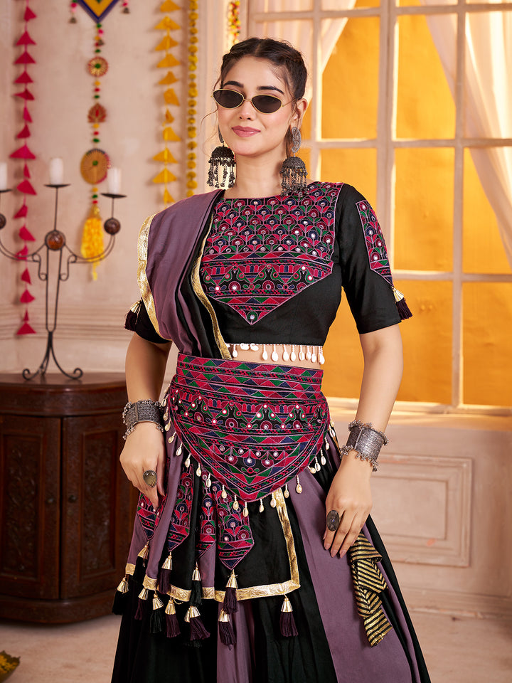 Multi-Color Navratri Lehenga Choli with Kutchi Patch Work, Mirror & Viscose Cotton Dupatta