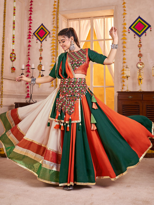 Multicolor Viscose Cotton Navratri Lehenga Choli with Kutchi Patch & Mirror Work Dupatta