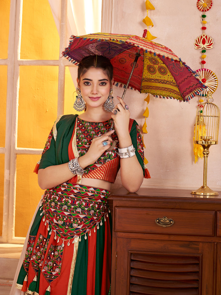 Multicolor Viscose Cotton Navratri Lehenga Choli with Kutchi Patch & Mirror Work Dupatta