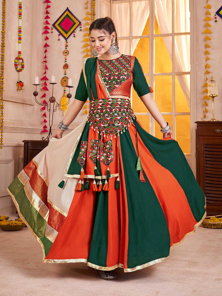 Multicolor Viscose Cotton Navratri Lehenga Choli with Kutchi Patch & Mirror Work Dupatta