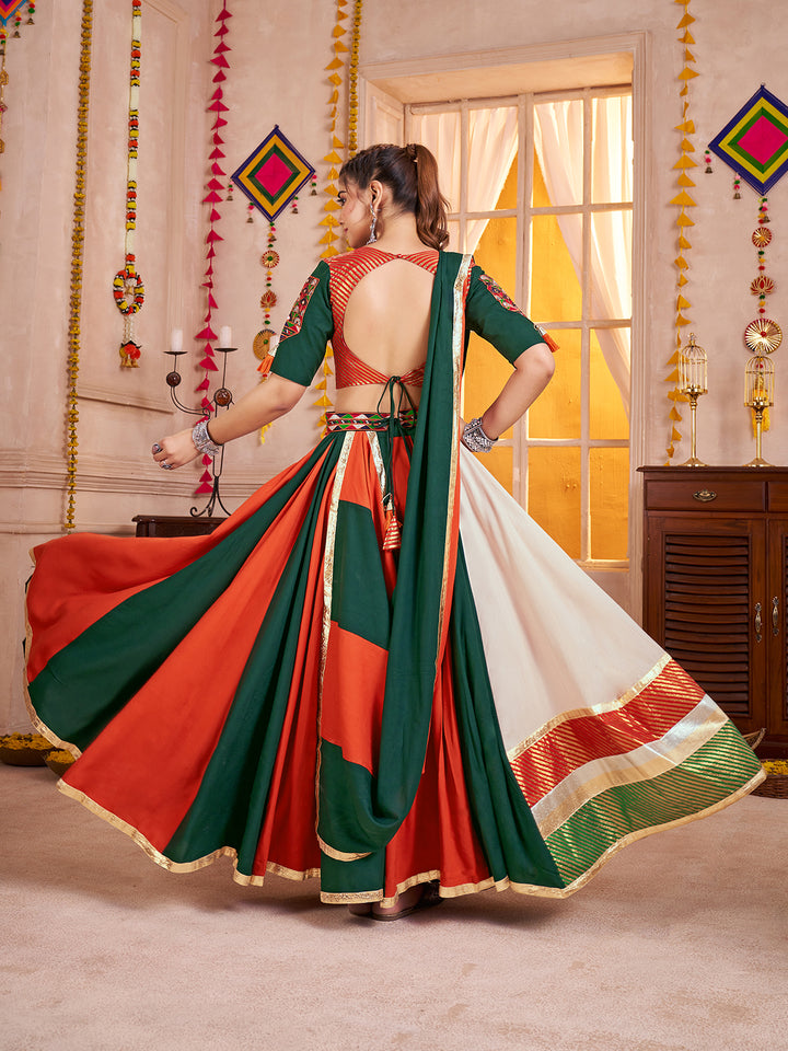 Multicolor Viscose Cotton Navratri Lehenga Choli with Kutchi Patch & Mirror Work Dupatta