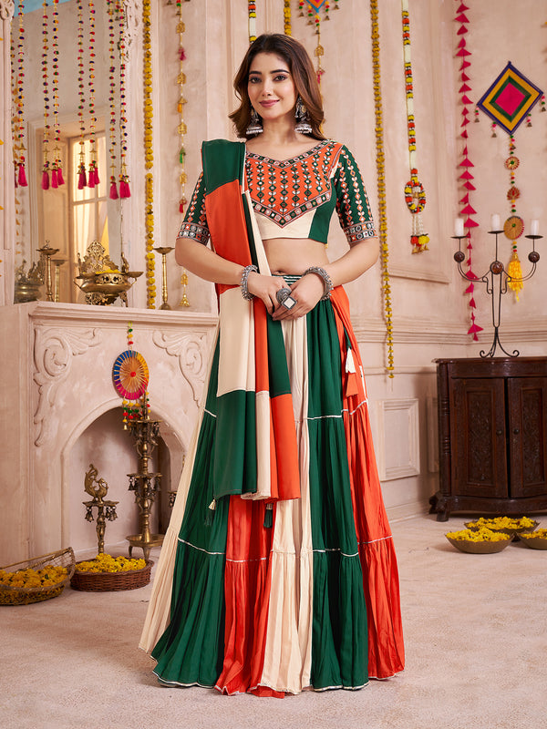 Multi-Color Viscose Cotton Navratri Lehenga with Kutchi Patch & Mirror Work Choli and Frill Flair Design