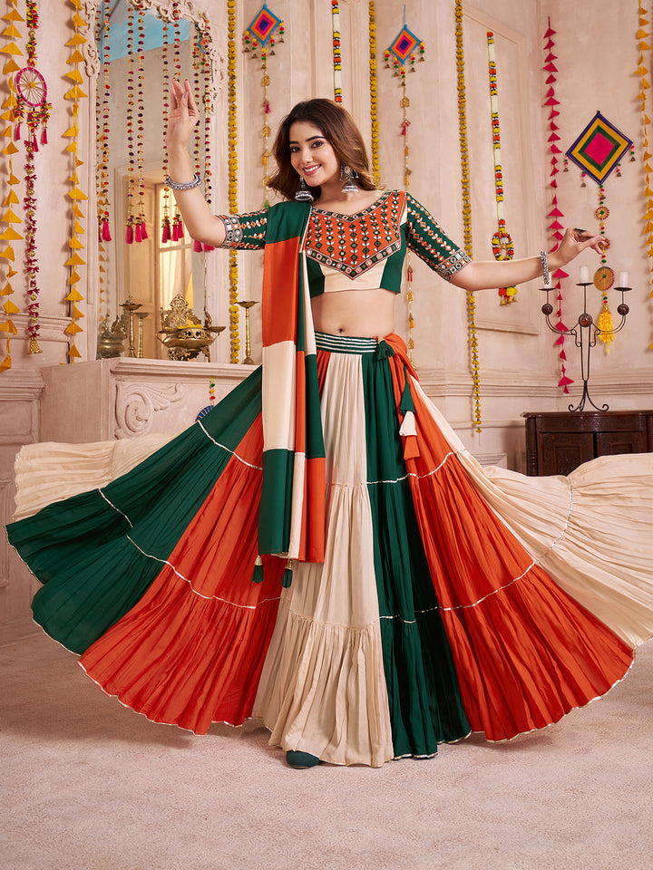 Multi-Color Viscose Cotton Navratri Lehenga with Kutchi Patch & Mirror Work Choli and Frill Flair Design