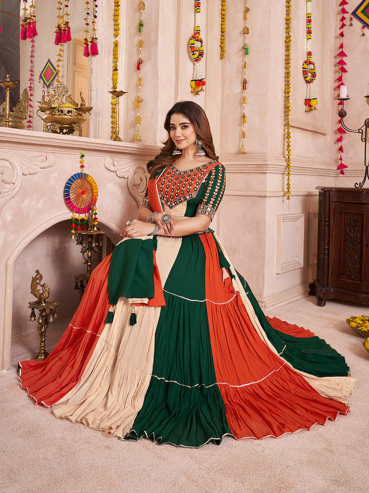 Multi-Color Viscose Cotton Navratri Lehenga with Kutchi Patch & Mirror Work Choli and Frill Flair Design