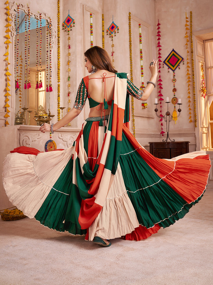 Multi-Color Viscose Cotton Navratri Lehenga with Kutchi Patch & Mirror Work Choli and Frill Flair Design