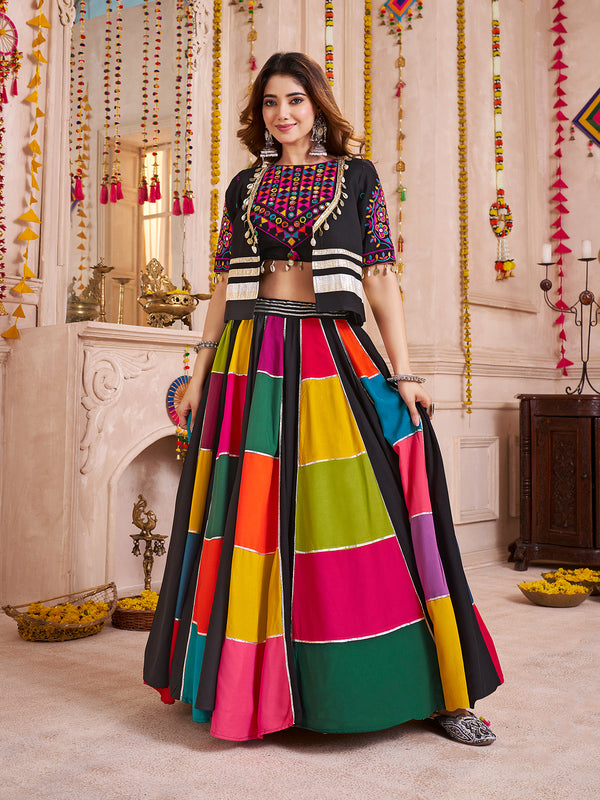 Multi-Color Navratri Lehenga Choli with Kutchi Patchwork, Mirror & Kodi Jacket – Viscose Cotton