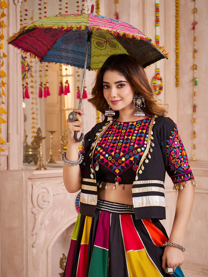Multi-Color Navratri Lehenga Choli with Kutchi Patchwork, Mirror & Kodi Jacket – Viscose Cotton