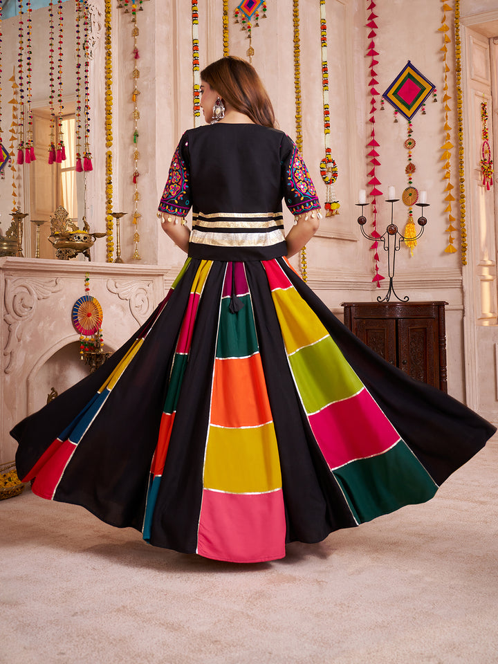 Multi-Color Navratri Lehenga Choli with Kutchi Patchwork, Mirror & Kodi Jacket – Viscose Cotton