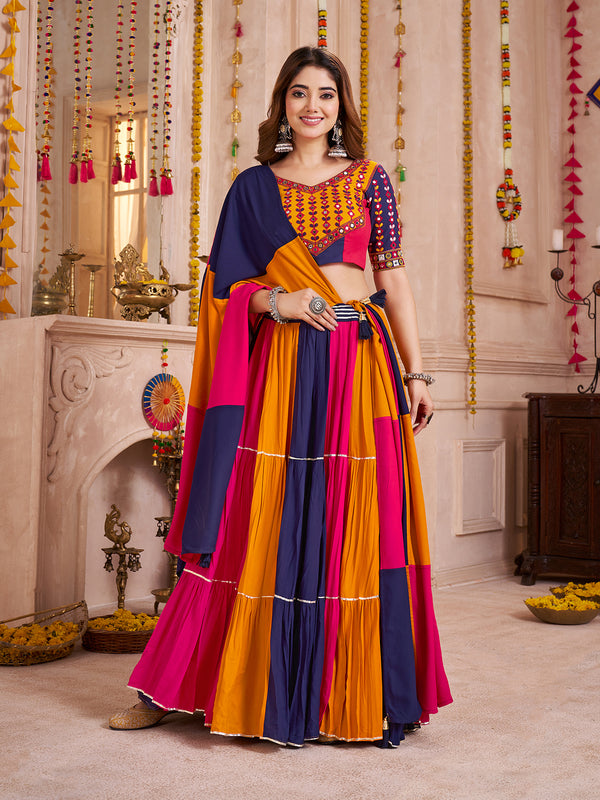 Multi-Color Navratri Lehenga Choli in Viscose Cotton with Kutchi Patch Work & Mirror Detailing