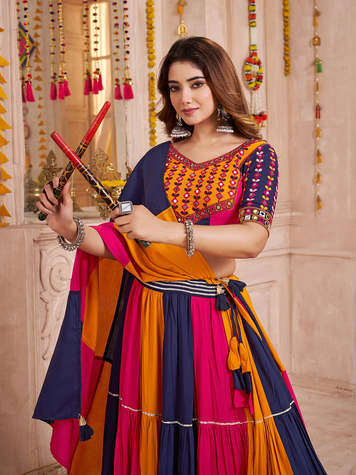 Multi-Color Navratri Lehenga Choli in Viscose Cotton with Kutchi Patch Work & Mirror Detailing