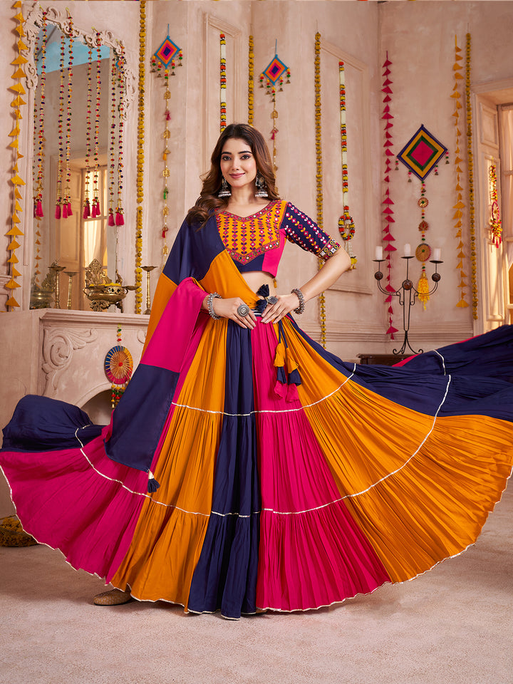 Multi-Color Navratri Lehenga Choli in Viscose Cotton with Kutchi Patch Work & Mirror Detailing