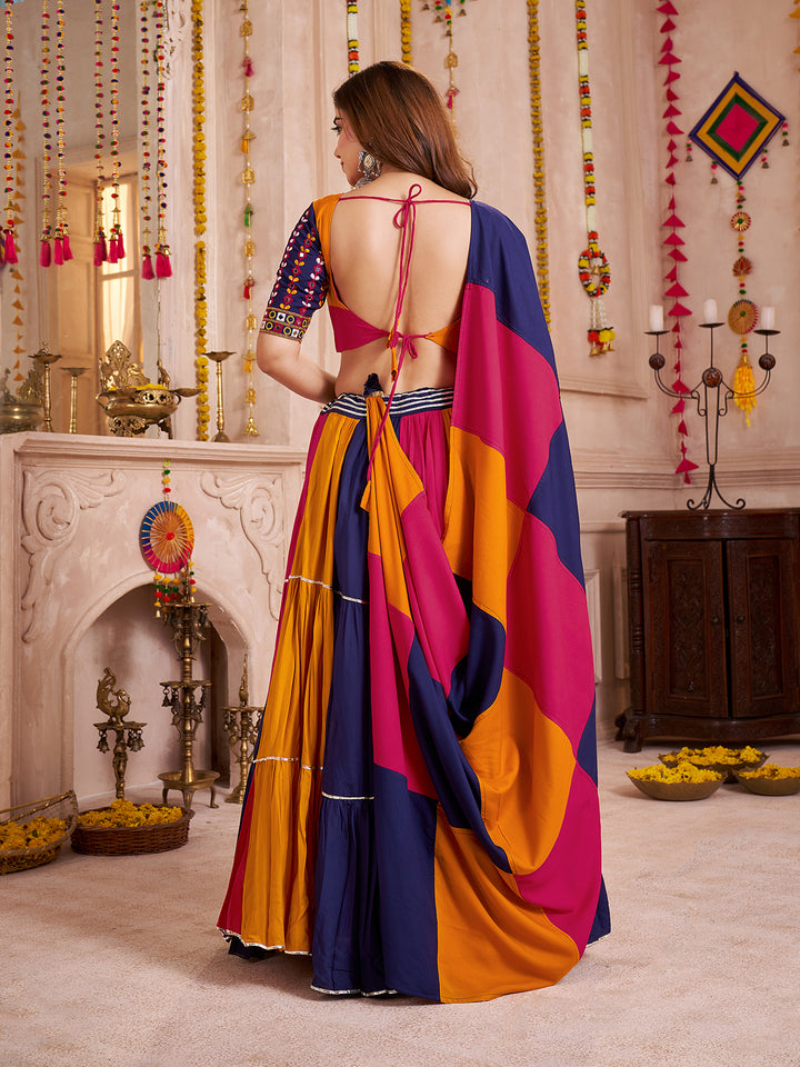 Multi-Color Navratri Lehenga Choli in Viscose Cotton with Kutchi Patch Work & Mirror Detailing