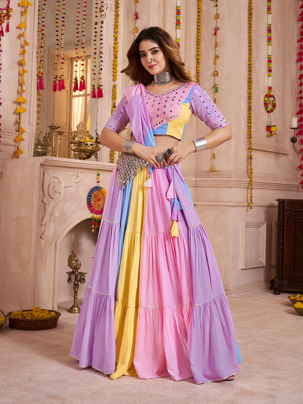 Navratri Multi-Color Viscose Cotton Lehenga with Kutchi Patch & Mirror Work