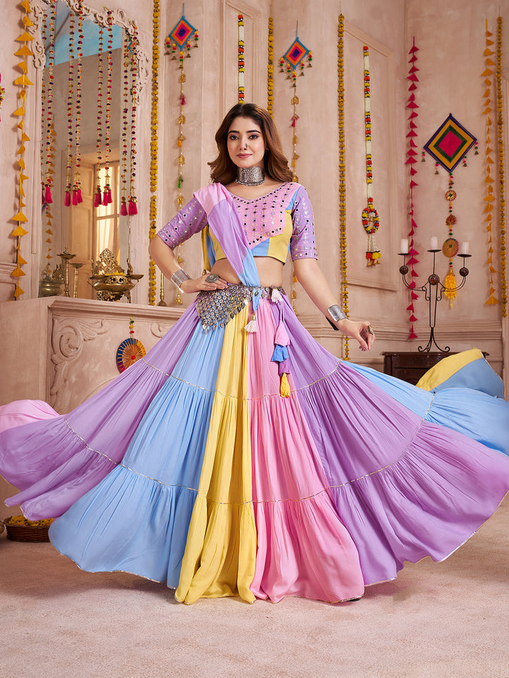 Navratri Multi-Color Viscose Cotton Lehenga with Kutchi Patch & Mirror Work