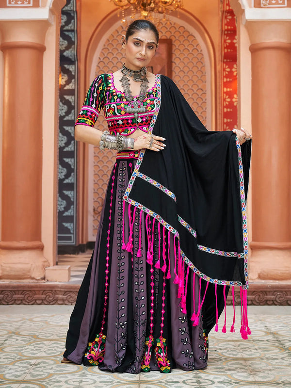 Pink & Black Navratri Lehenga Choli Set with Embroidery & Mirror Work