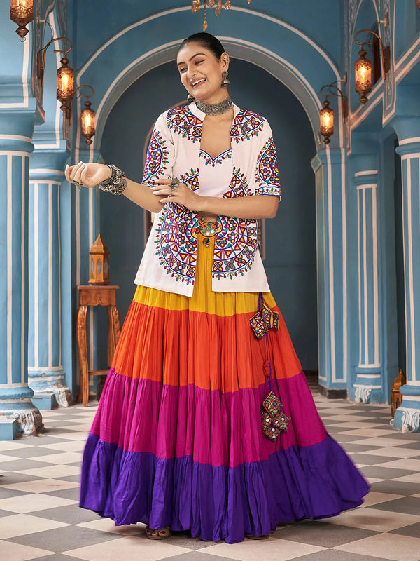 Multi-Color Rayon Embroidered Navratri  Lehenga Choli Set with Mirror Work & Waist Belt