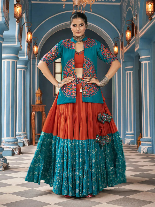 Multi-Color Viscose Rayon Lehenga with Embroidered Mirror Work for Navratri Celebrations