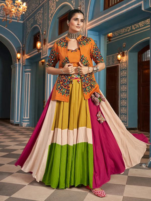 Multi-Color Embroidered Lehenga Set with Jacket in Viscose Rayon for Navratri