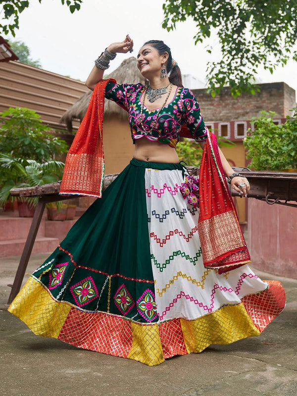 Multi-Color Rayon Navratri Chaniya Choli Set with Embroidered Mirror Work