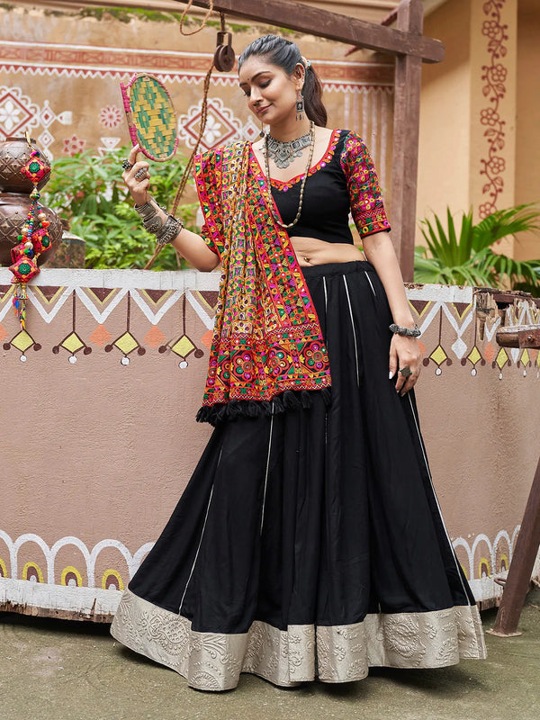 Trendy Black Rayon Navratri Chaniya Choli Set with Embroidered Mirror Work