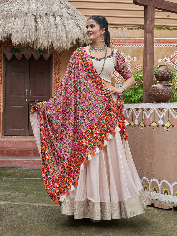 Beige Rayon Designer Navratri Chaniya Choli Set with Embroidered Mirror Work