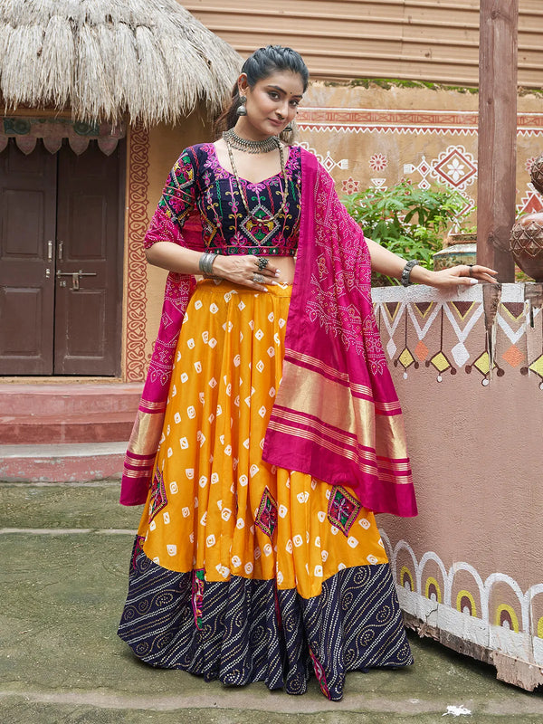 Yellow Rayon Navratri Chaniya Choli Set with Embroidered Mirror Work